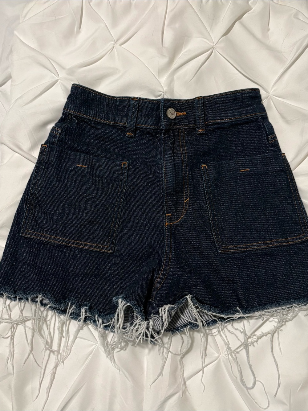 Zara High Rise Patch Pocket Frayed Denim Shorts, Size 2